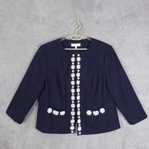RVSP By Talbots Hand Beaded Jacket Blazer Womens Size 18W Navy Open Front Pocket